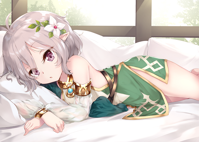 1girl, antenna_hair, bangs, blush, bridal_gauntlets, commentary_request, dress, eyebrows_visible_through_hair