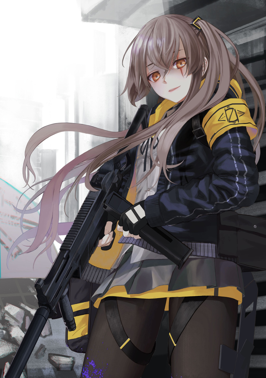 1girl, absurdres, bangs, black_gloves, black_legwear, brown_eyes, building, commentary_request