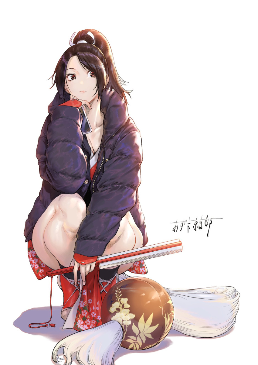 1girl, azuma_kyoutarou_(artist), brown_eyes, brown_hair, closed_fan, coat, commentary_request, fan