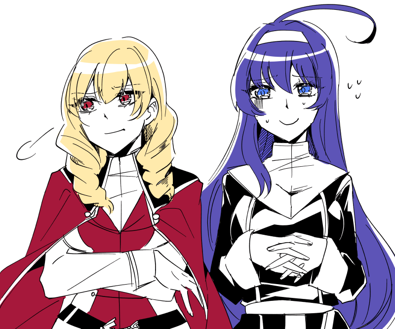 2girls, ahoge, awkward, blonde_hair, blue_eyes, blue_hair, breasts, cape