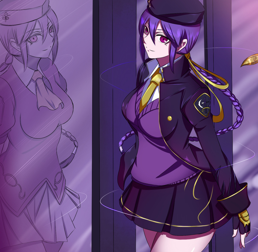 1girl, alternate_costume, beret, bracelet, braid, breasts, cropped_jacket, eltnum, fingerless_gloves, gloves, hat, highres, jewelry, long_hair, melty_blood, miniskirt, mirror, necktie, purple_hair, reflection, ribbon, single_braid, sion_eltnam_atlasia, skirt, solo, sweater, tsukihime, under_night_in-birth, user_txts7457, v-neck, vampire, very_long_hair, violet_eyes, weapon, younger
