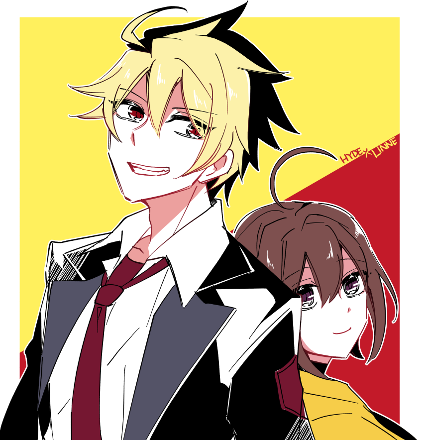 1boy, 1girl, ahoge, black_hair, blonde_hair, brown_hair, happy, height_difference