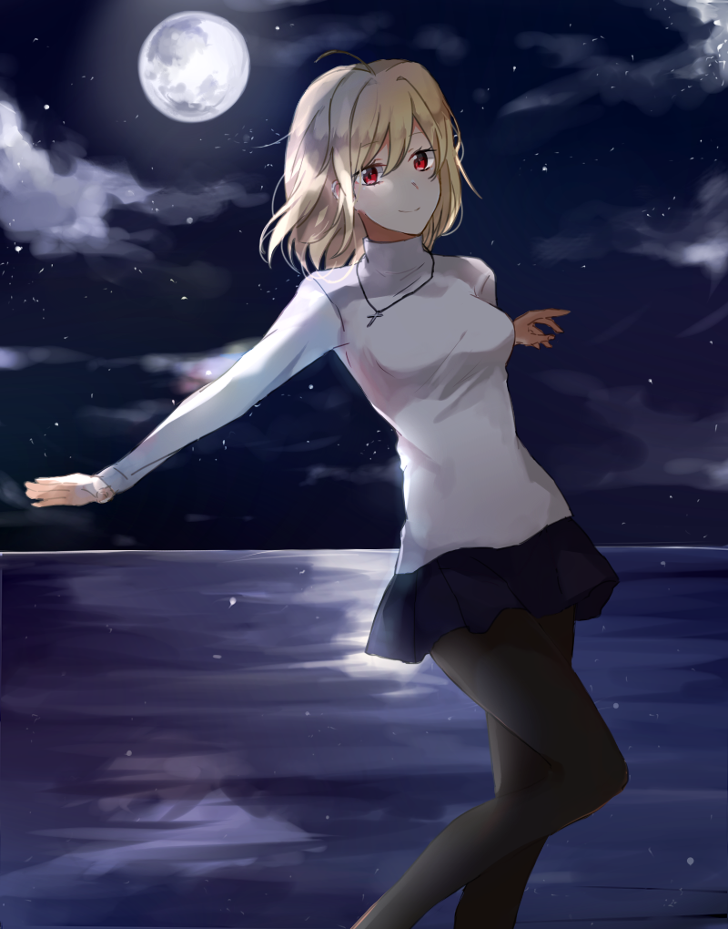 1girl, ahoge, alternate_costume, antenna_hair, arcueid_brunestud, black_legwear, blonde_hair, breasts