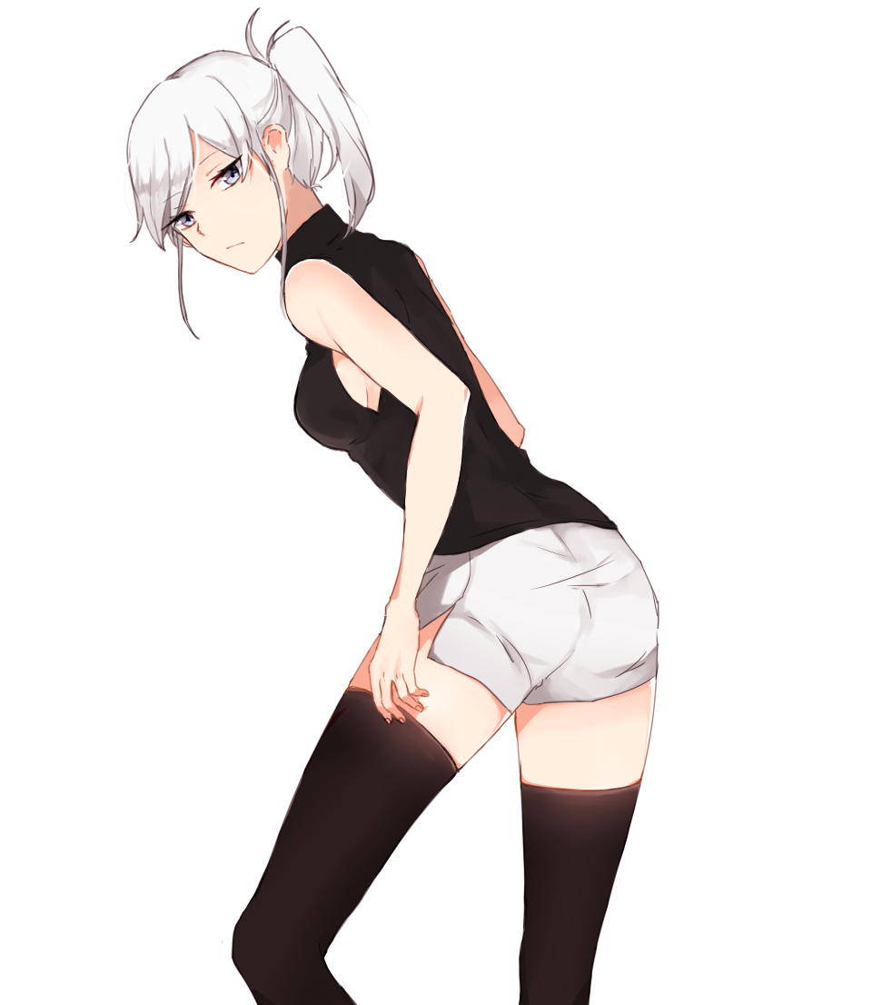 1girl, adjusting_clothes, breasts, grey_eyes, looking_at_viewer, melty_blood, ponytail, retto, riesbyfe_stridberg, short_hair, shorts, sideboob, silver_hair, sleeveless, sleeveless_sweater, sleeveless_turtleneck, solo, sweater, thigh-highs, tsukihime, turtleneck, turtleneck_sweater, white_hair
