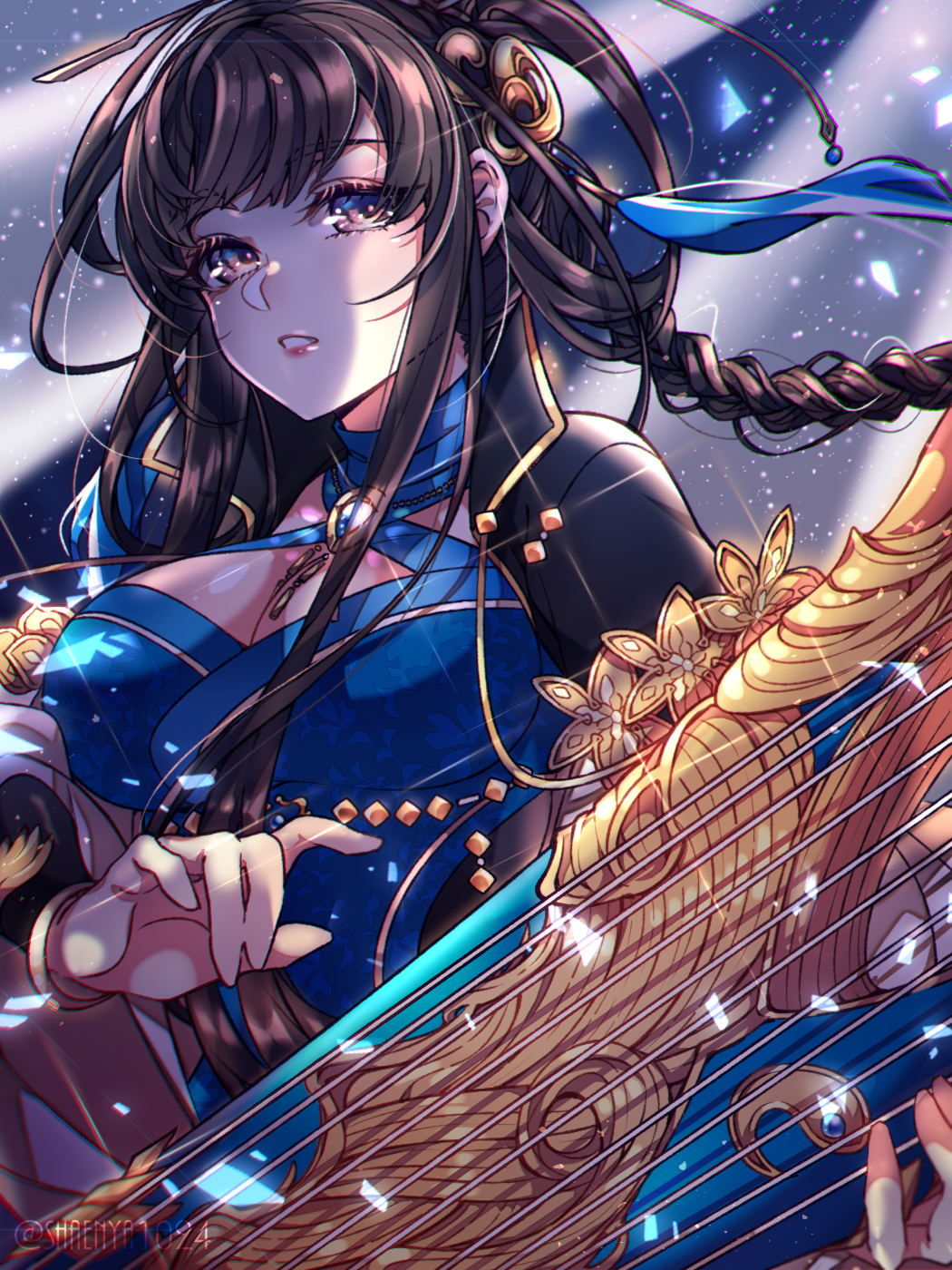 1girl, black_hair, blue_dress, braid, chinese_clothes, dress, hair_ornament, highres