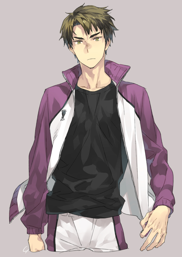 1boy, black_shirt, brown_hair, closed_mouth, collar, collarbone, collared_jacket, grey_background