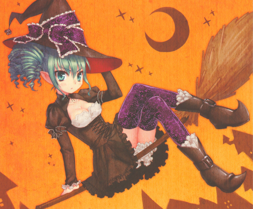 boots, broom, broom_riding, drill_hair, green_eyes, green_hair, highres, ribbon