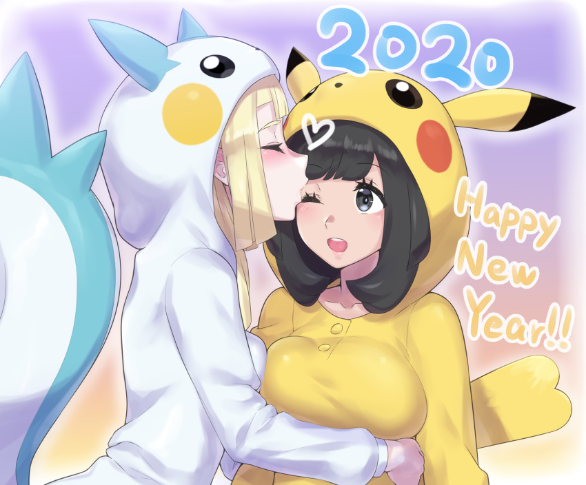 2girls, ;d, asymmetrical_docking, bangs, black_eyes, black_hair, blonde_hair, blush, breast_press, breasts, closed_eyes, cosplay, eyebrows_visible_through_hair, happy_new_year, heart, highres, hug, kiss, large_breasts, lillie_(pokemon), long_sleeves, medium_breasts, mizuki_(pokemon), mizuumi_(bb), multicolored, multicolored_background, multiple_girls, new_year, one_eye_closed, open_mouth, pachirisu, pachirisu_(cosplay), pikachu, pikachu_(cosplay), pikachu_costume, pokemon, pokemon_(game), pokemon_sm, short_hair, sidelocks, smile, upper_body
