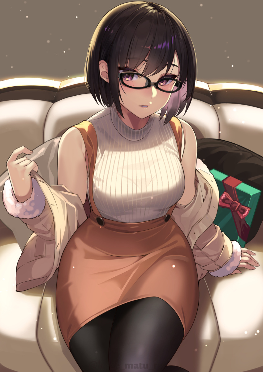 1girl, bare_shoulders, black-framed_eyewear, black_hair, blush, bob_cut, bralines, breasts