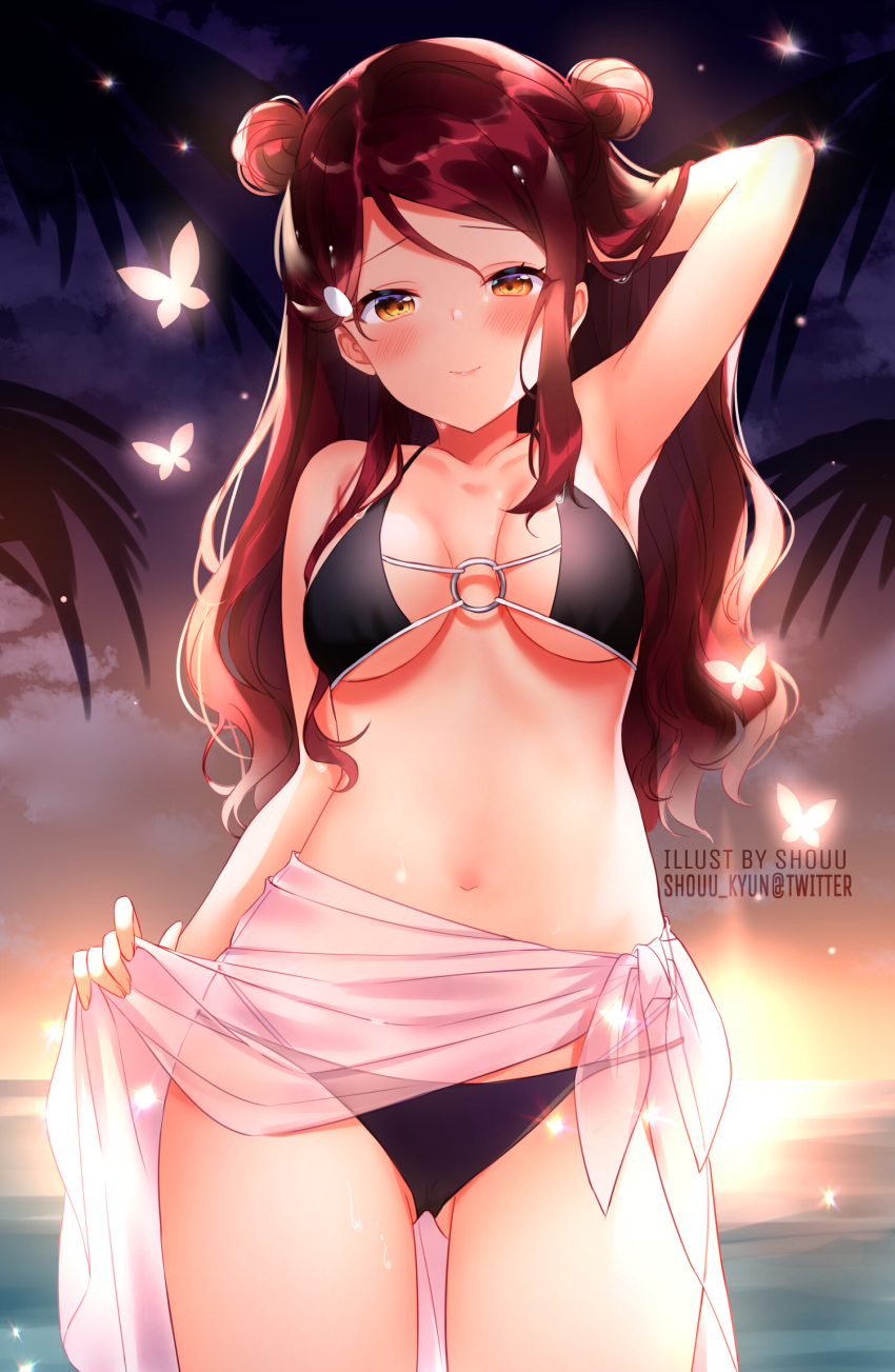 1girl, arm_behind_head, arm_up, armpits, ass_visible_through_thighs, bare_shoulders, bikini, black_bikini