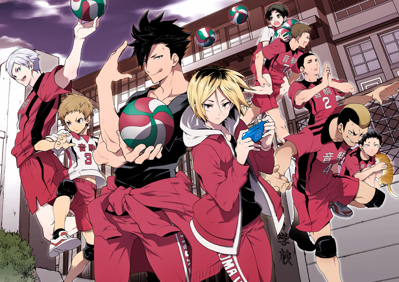 6+boys, black_shirt, blonde_hair, blue_eyes, brown_hair, cat, eskosugi, fence, haiba_lev, haikyuu!!, handheld_game_console, hands_together, hood, hood_down, inouka_sou, jacket, kai_nobuyuki, kozume_kenma, kuroo_tetsurou, licking_lips, male_focus, multicolored_hair, multiple_boys, navel, outdoors, playing_games, playstation_portable, red_jacket, shibayama_yuki, shirt, shoes, silver_hair, sneakers, spiky_hair, sportswear, squatting, tongue, tongue_out, two-tone_hair, volleyball, yaku_morisuke, yamamoto_taketora