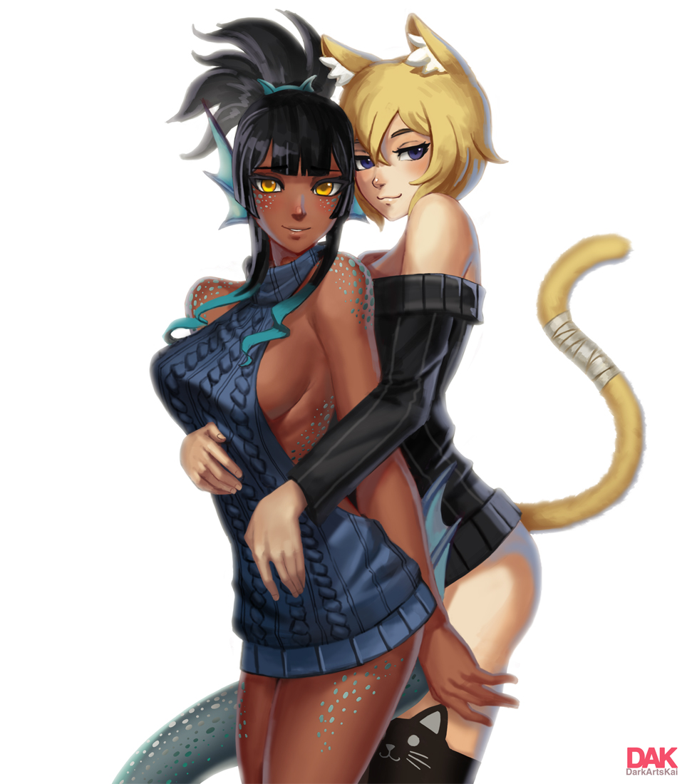 2girls, animal_band_legwear, animal_ear_fluff, animal_ears, aran_sweater, bare_shoulders, black_hair, black_legwear