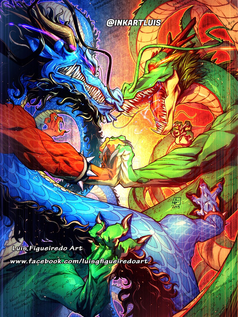 artist_logo, aura, battle, claws, clenched_teeth, commentary, crossover, dragon, dragon_ball, dragon_horns, eastern_dragon, english_commentary, glowing, glowing_eyes, horns, kaidou_(one_piece), look-alike, looking_at_another, marvelmania, no_humans, one_piece, open_mouth, red_eyes, scales, sharp_teeth, shenlong_(dragon_ball), shenron_(dragon_ball), teeth, twitter_username, watermark, web_address