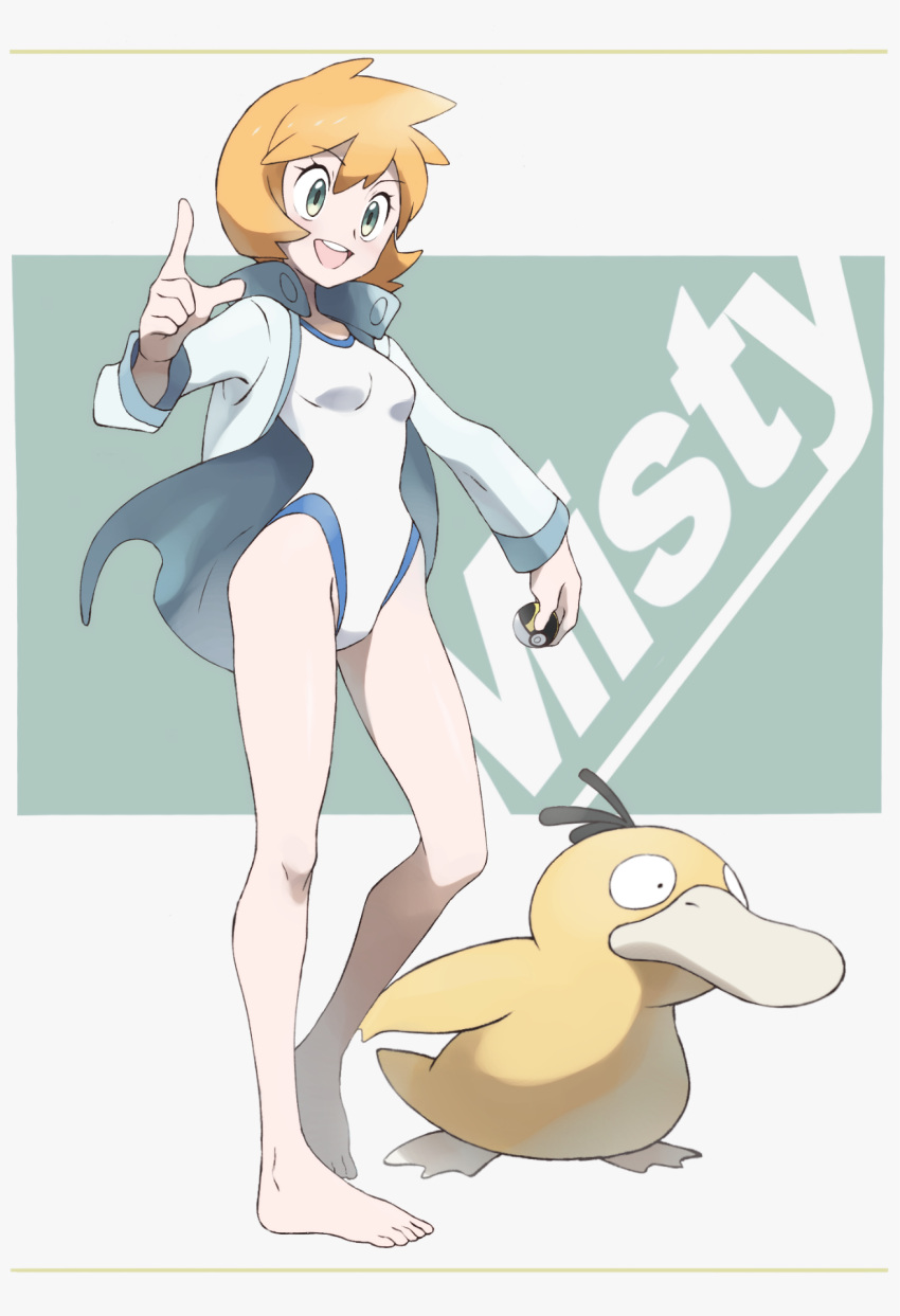 1girl, bare_legs, barefoot, breasts, character_name, gen_1_pokemon, green_eyes, gym_leader