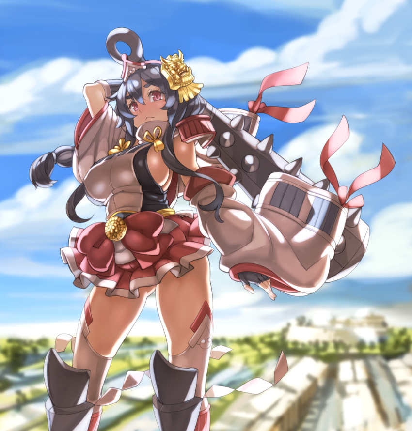 1girl, black_hair, breasts, clouds, club, day, detached_sleeves, highres