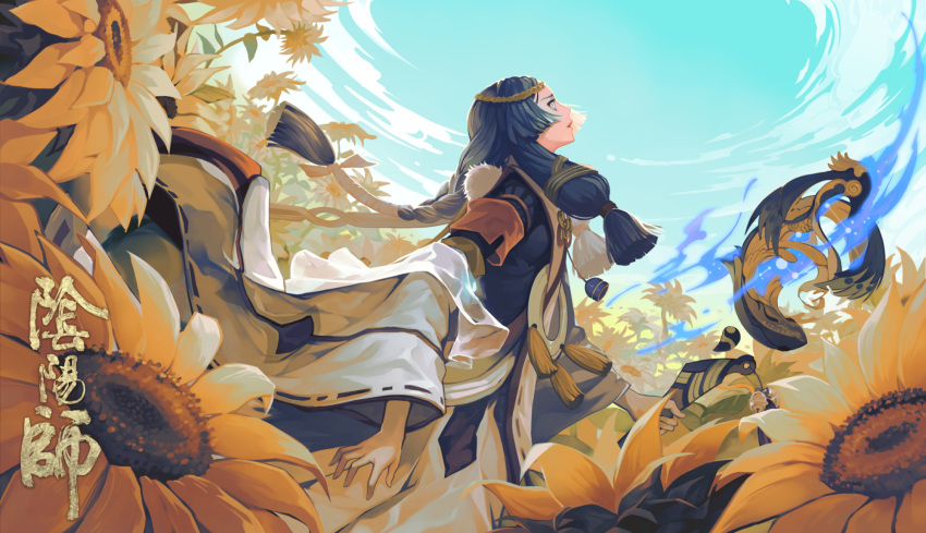 1girl, black_hair, blue_eyes, blue_sky, blunt_ends, braid, day, detached_sleeves