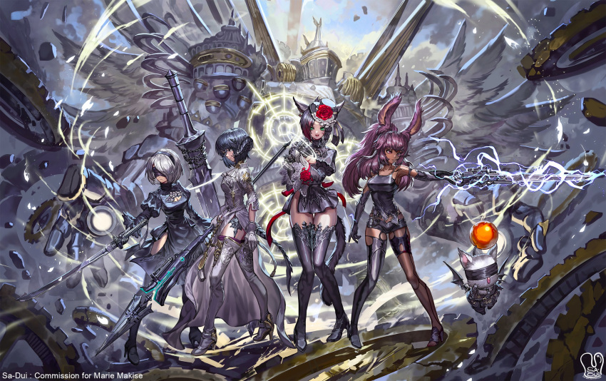 4girls, alexander_(final_fantasy), animal_ears, artist_name, au_ra, black_dress, blindfold, cat_ears, cat_tail, commission, cosplay, crossover, destruction, dragon_tail, dress, electricity, final_fantasy, final_fantasy_xiv, gears, highres, horns, magic_circle, miqo'te, moogle, multiple_girls, nier_(series), nier_automata, polearm, rabbit_ears, sa-dui, side_slit, spear, sword, tail, thigh-highs, viera, weapon, wings, yorha_infantry_squad_commander, yorha_infantry_squad_commander_(cosplay), yorha_no._2_type_b, yorha_no._2_type_b_(cosplay), yorha_type_a_no._2, yorha_type_a_no._2_(cosplay)