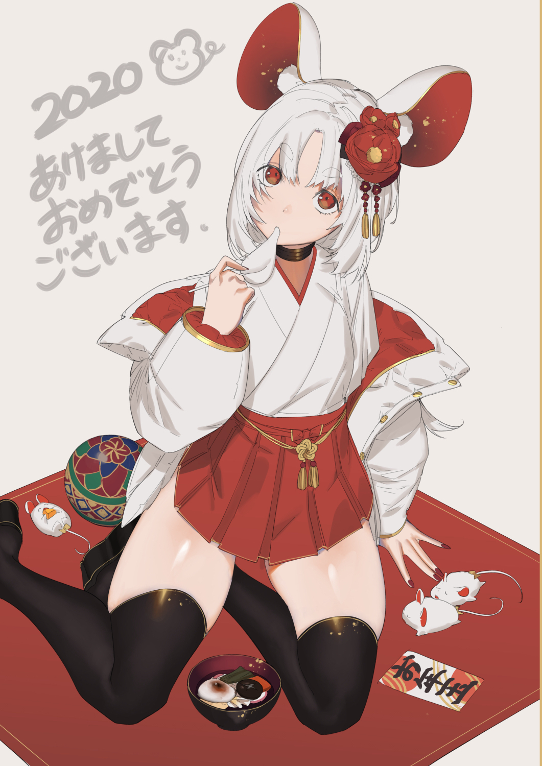 1girl, animal_ears, black_legwear, bowl, chinese_zodiac, flower, food, hair_flower