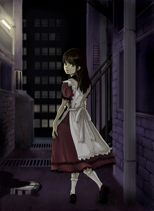 alley, apron, dress, night, socks, tagme, yugami_no_kuni_no_alice