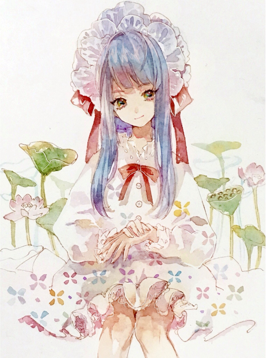 1girl, bangs, blue_hair, blunt_bangs, bow, buttons, dress, floral_print