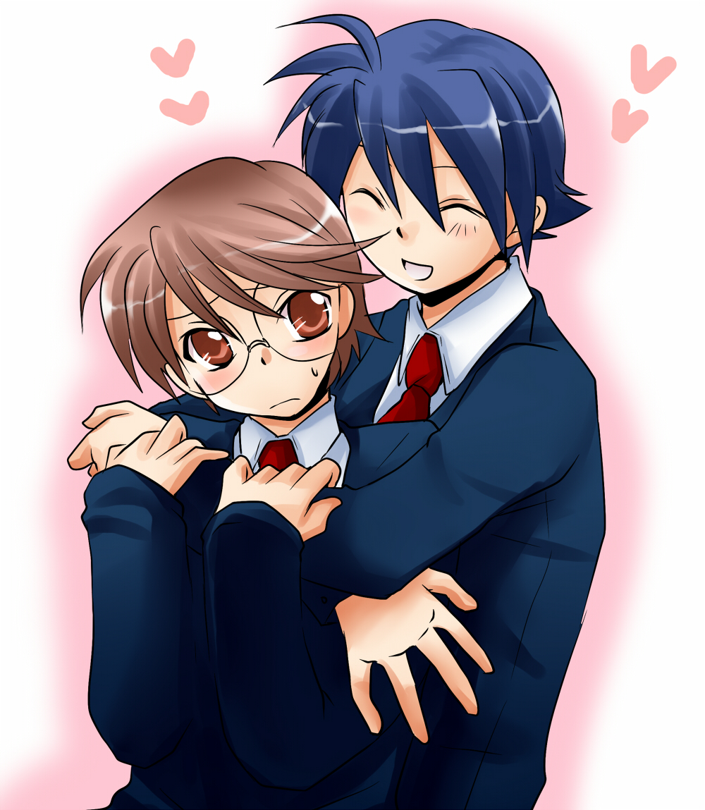 2boys, ahoge, ashikaga_yuuki, black_hair, blazer, blush, brown_eyes, brown_hair