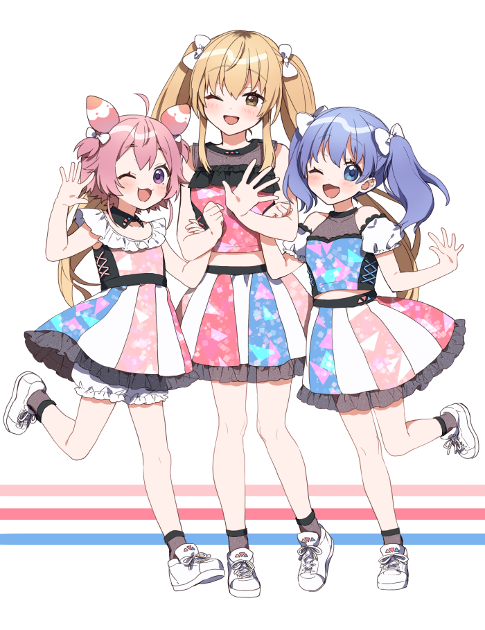3girls, ;d, ahoge, bangs, bare_arms, bare_shoulders, blue_eyes, blue_hair