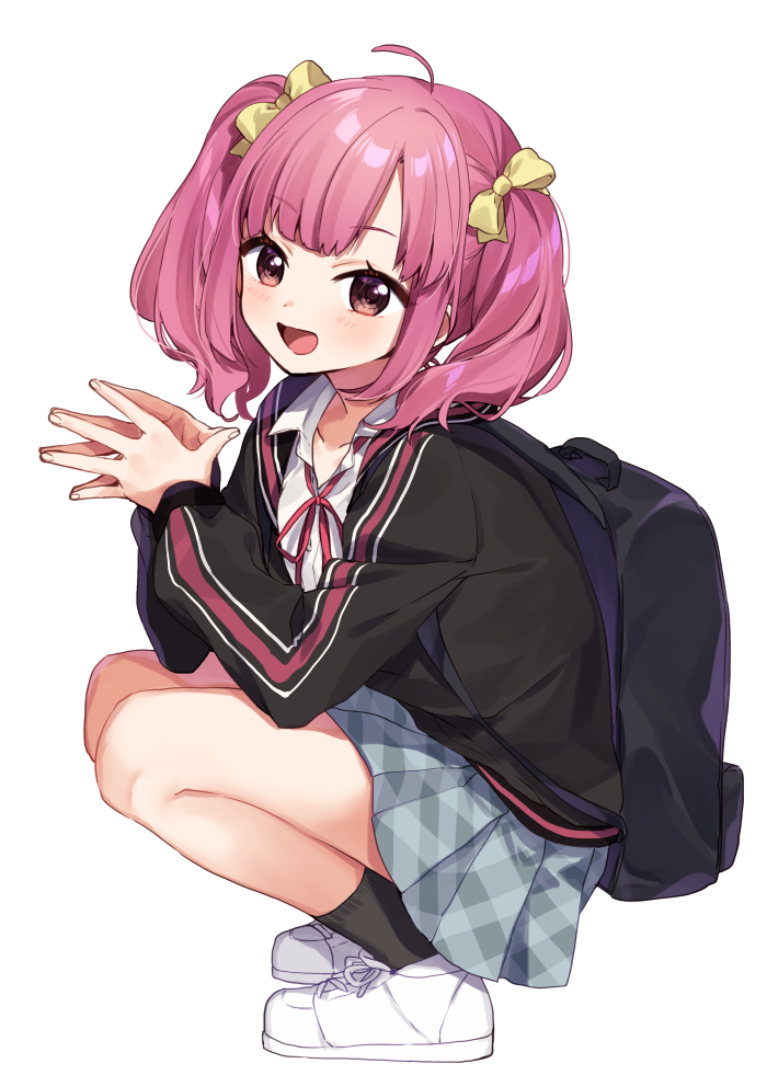 1girl, :d, achikita_chinami, ahoge, backpack, bag, bangs, black_jacket