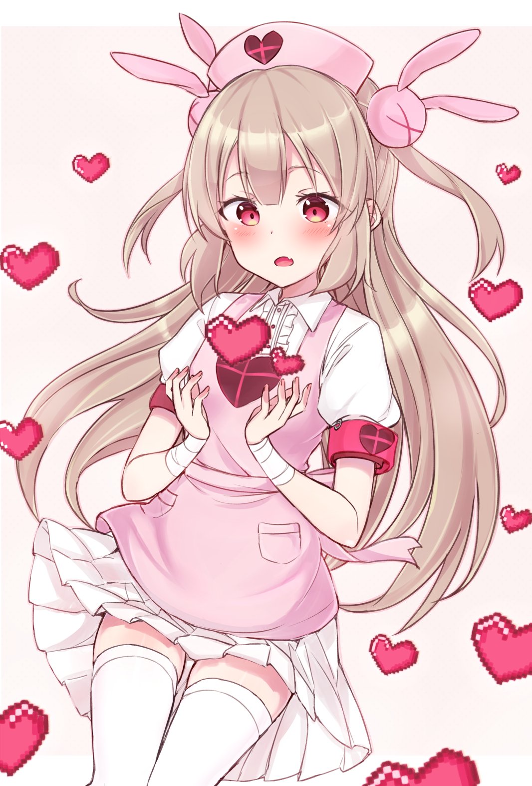 1girl, :o, apron, bandaged_arm, bandages, bangs, blonde_hair, blush, bunny_hair_ornament, center_frills, commentary_request, eyes_visible_through_hair, fanf, fang, hair_ornament, hat, heart, highres, long_hair, natori_sana, nonono_(mino), nurse_cap, pink_apron, pink_headwear, pleated_skirt, puffy_short_sleeves, puffy_sleeves, sana_channel, short_sleeves, simple_background, skin_fang, skirt, solo, two_side_up, virtual_youtuber, white_background, white_legwear, white_skirt