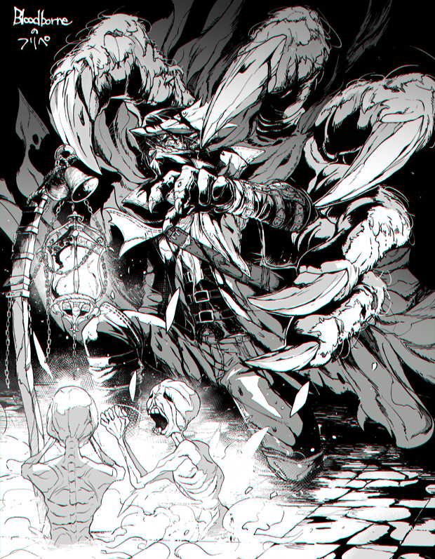 1boy, asa02, bell, belt_buckle, blood, blood_on_face, bloodborne, bloody_clothes