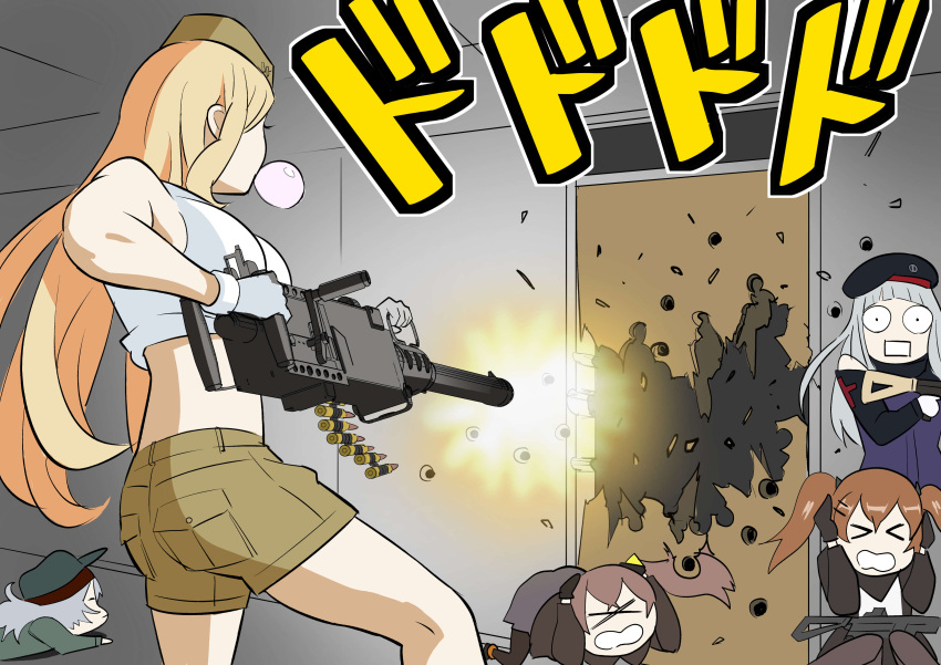 >_<, 404_(girls_frontline), 5girls, absurdres, amehashi_(vdde3724), ammunition_belt, assault_rifle, beret, blonde_hair, brown_hair, bubble_blowing, bullet_hole, chewing_gum, commentary_request, covering_ears, ducking, g11_(girls_frontline), girls_frontline, gloves, gun, h&amp;k_hk416, h&amp;k_ump, hat, highres, hk416_(girls_frontline), m2hb_(girls_frontline), machine_gun, multiple_girls, rifle, silver_hair, sound_effects, submachine_gun, surprised, ump45_(girls_frontline), ump9_(girls_frontline), weapon, xo