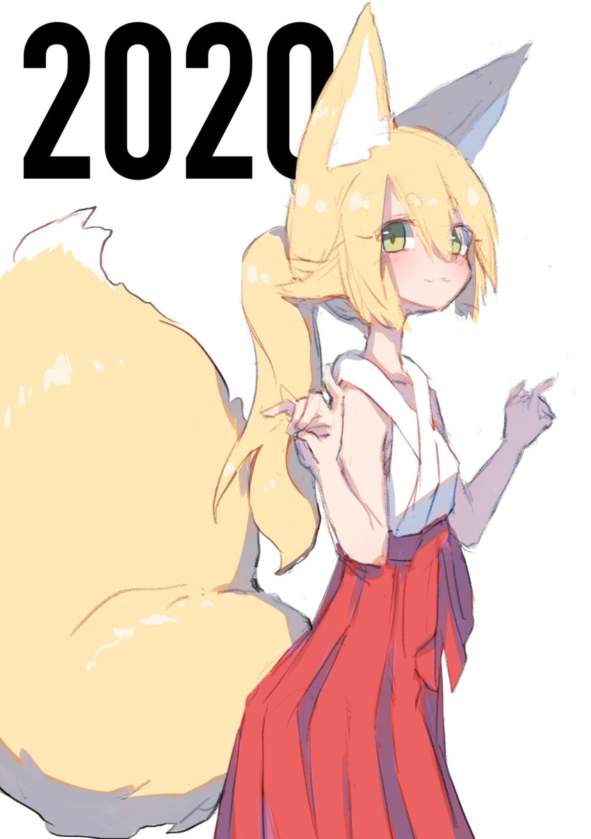 1girl, 2020, akatsuki_urara, animal_ear_fluff, animal_ears, blonde_hair, commentary_request, fox_ears