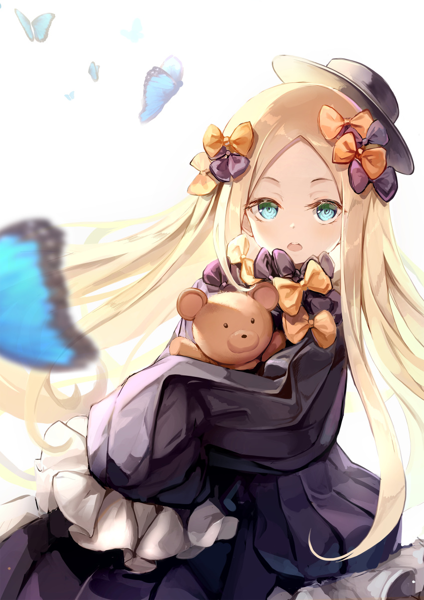1girl, abigail_williams_(fate/grand_order), absurdres, backlighting, bangs, black_bow, black_dress, black_headwear