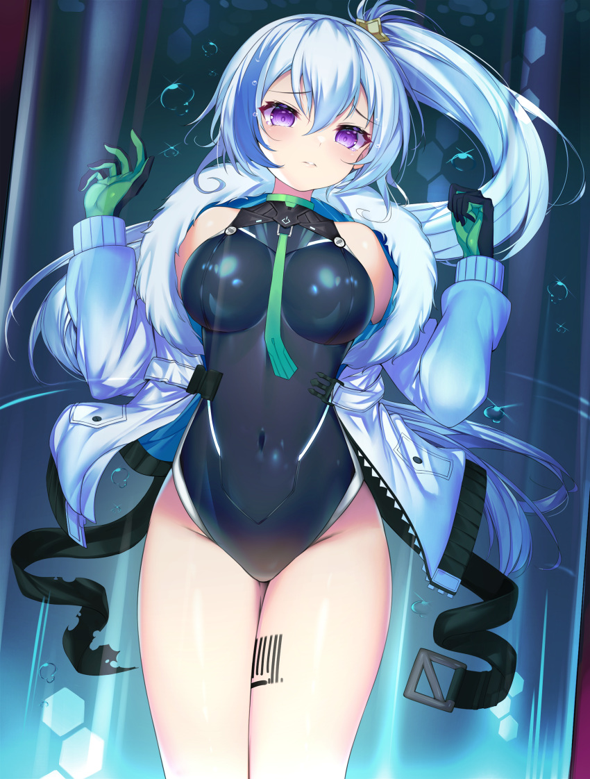 1girl, absurdres, barcode_tattoo, bare_shoulders, between_breasts, black_leotard, breasts, covered_navel