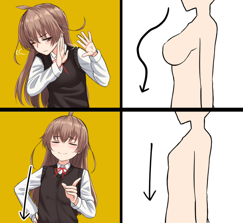 1girl, ahoge, breasts, brown_hair, closed_eyes, directional_arrow, drake_(rapper), drakeposting_(meme)