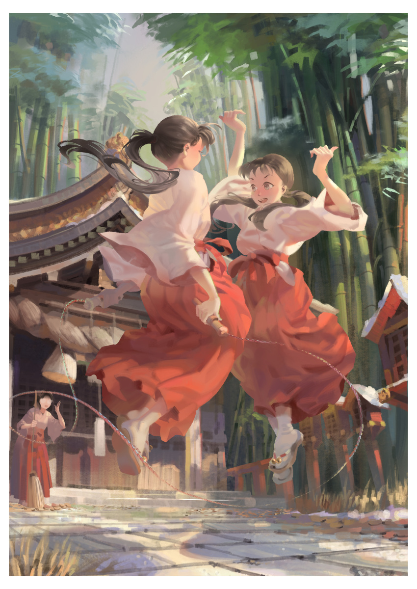 3girls, :d, absurdres, architecture, arms_up, bamboo, border, broom