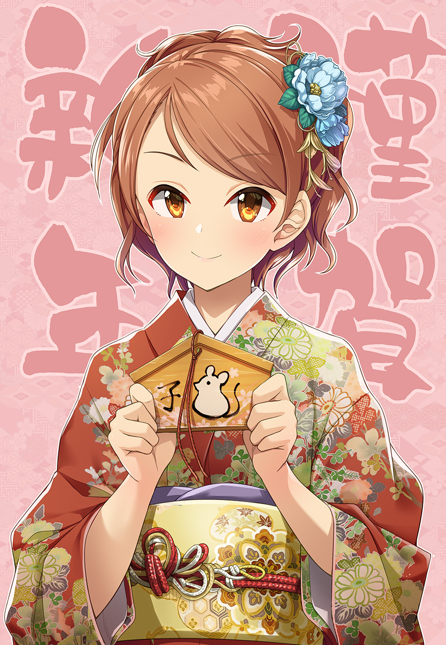 1girl, bangs, brown_eyes, brown_hair, brown_kimono, cherry_blossom_print, chinese_zodiac, closed_mouth, commentary_request, ema, eyebrows_visible_through_hair, floral_background, floral_print, flower, hair_flower, hair_ornament, head_tilt, highres, holding_ema, houjou_karen, idolmaster, idolmaster_cinderella_girls, japanese_clothes, kazu, kimono, leaf_hair_ornament, light_blush, looking_at_viewer, obi, pink_background, print_kimono, sash, sidelocks, smile, solo, strap, swept_bangs, tied_hair, translation_request, upper_body, wide_sleeves, year_of_the_rat
