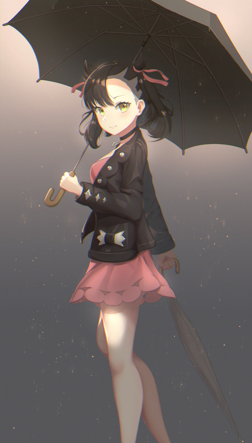 1girl, absurdres, aqua_eyes, asymmetrical_bangs, asymmetrical_hair, bangs, black_hair, black_jacket, black_umbrella, blush, breasts, choker, commentary_request, dress, from_side, guisin_(chibi_ghost), hair_ribbon, highres, holding, holding_umbrella, jacket, long_sleeves, looking_at_viewer, mary_(pokemon), medium_breasts, medium_hair, open_clothes, pink_dress, pokemon, pokemon_(game), pokemon_swsh, rain, red_ribbon, ribbon, solo, twintails, umbrella