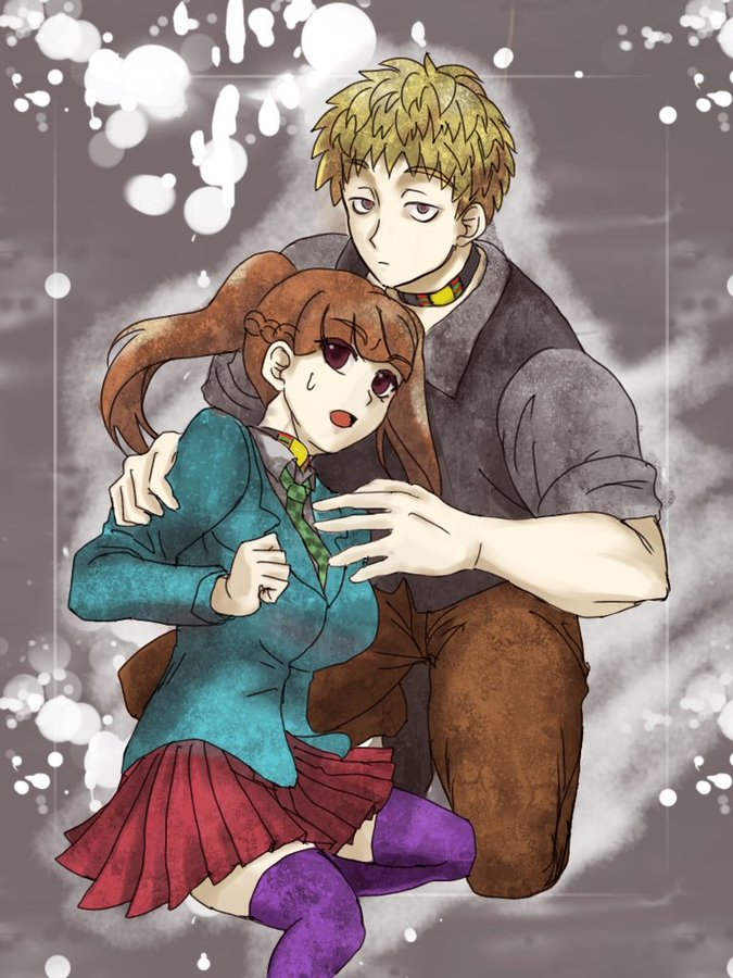 1boy, 1girl, blonde_hair, breasts, brown_hair, chidouin_sara, coco, collar