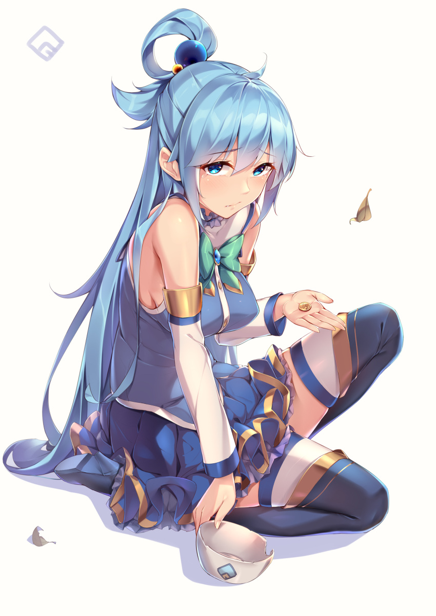 1girl, absurdres, aqua_(konosuba), bangs, bare_shoulders, blue_eyes, blue_footwear, blue_hair
