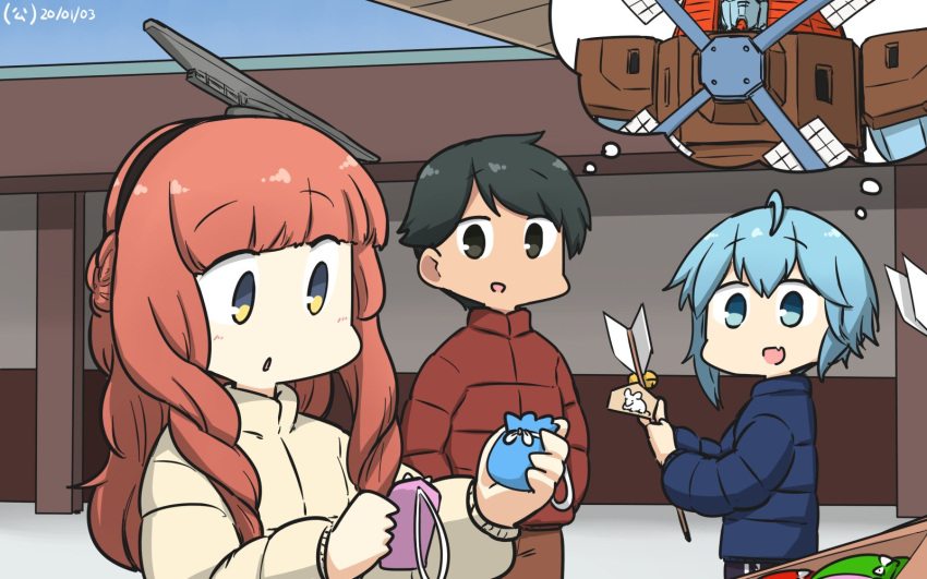 3girls, alternate_costume, arrow, black_eyes, blue_eyes, blue_hair, blue_jacket, blush, coat, commentary_request, de_ruyter_(kantai_collection), eyebrows_visible_through_hair, g_gundam, green_hair, gundam, hair_ornament, hairband, hamu_koutarou, headgear, highres, jacket, kantai_collection, long_hair, long_sleeves, looking_at_viewer, minazuki_(kantai_collection), mogami_(kantai_collection), multiple_girls, nether_gundam, open_mouth, red_jacket, redhead, short_hair, smile, white_jacket, windmill, winter_clothes, winter_coat