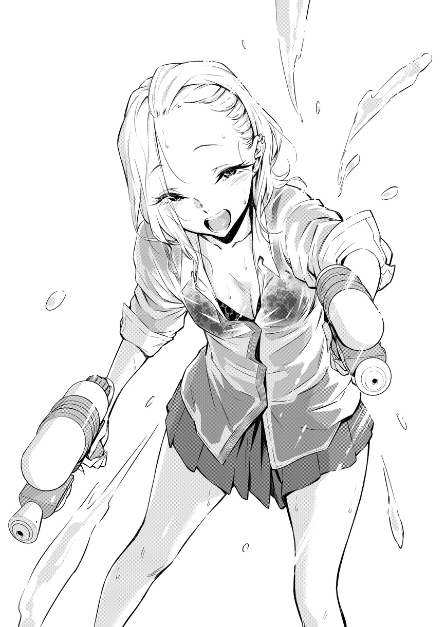 1girl, bangs, blonde_hair, blush, bra, breasts, collared_shirt, dual_wielding