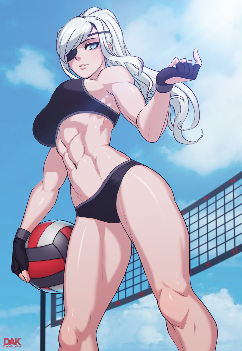 1girl, abs, ball, beach_volleyball, beckoning, black_gloves, black_swimsuit, blue_eyes
