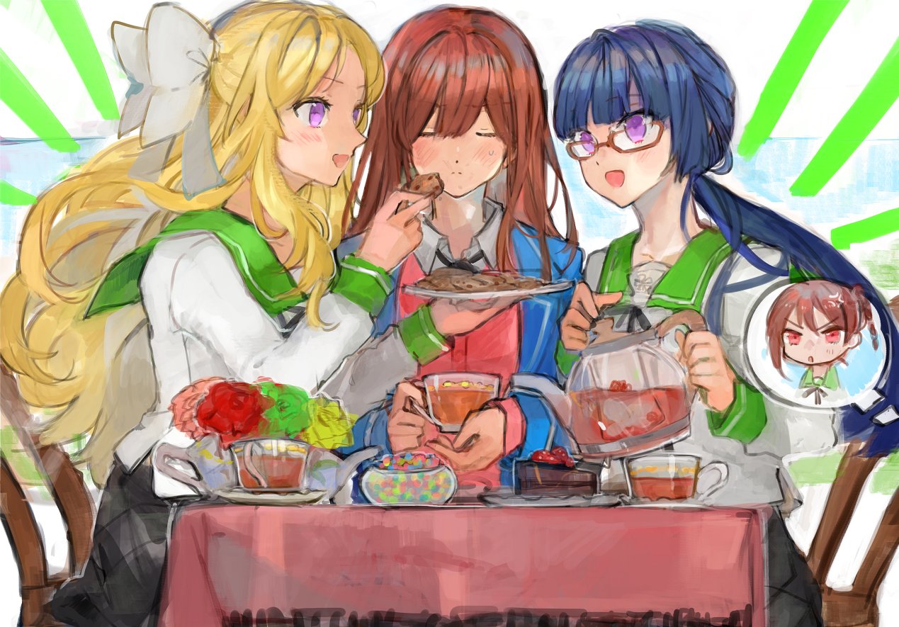 4girls, anzu_(ensemble_stars!), blonde_hair, blue_hair, brown_hair, character_request, closed_eyes, cup