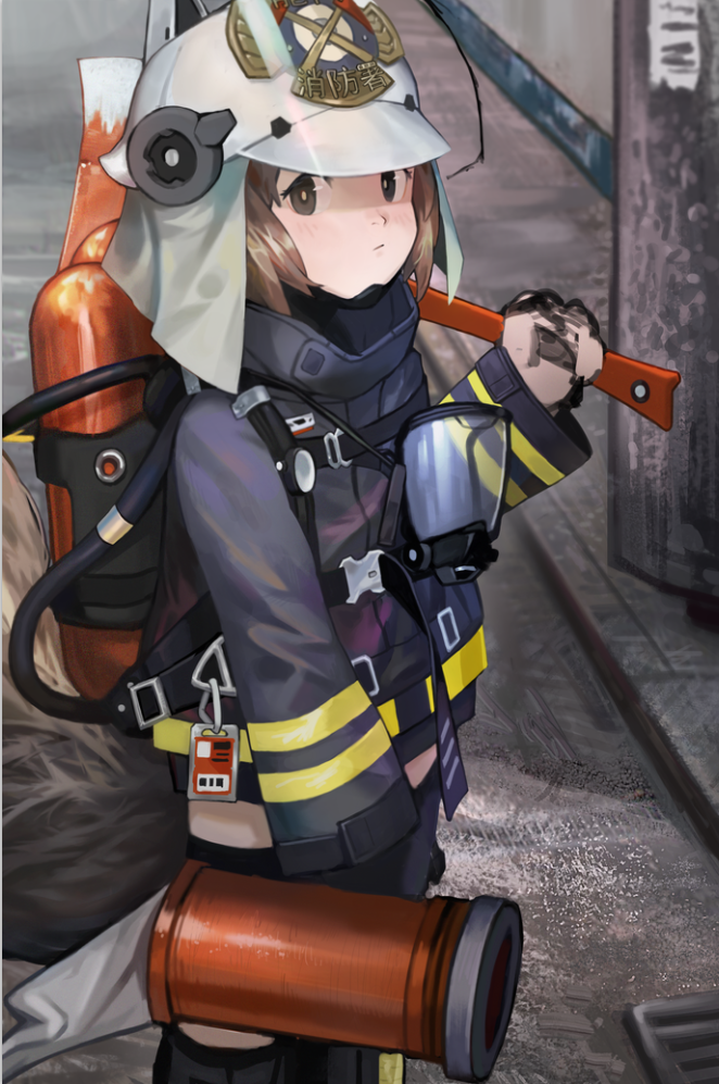 1girl, arknights, axe, brown_eyes, chinese_text, closed_mouth, emblem, firefighter, from_side, helmet, holding, jacket, long_sleeves, looking_at_viewer, nice_(kingzone), oxygen_mask, oxygen_tank, shaw_(arknights), short_hair, solo, standing, tail