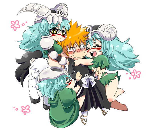 1boy, 3girls, abitu, aged_up, arrancar, barefoot, bleach, blush, bone, centaur, chibi, child, commentary_request, facial_mark, green_hair, hug, kurosaki_ichigo, long_hair, multiple_girls, multiple_persona, nelliel_tu_odelschwanck, orange_hair, resurreccion, skirt, skull, taur, torn_clothes, yellow_eyes
