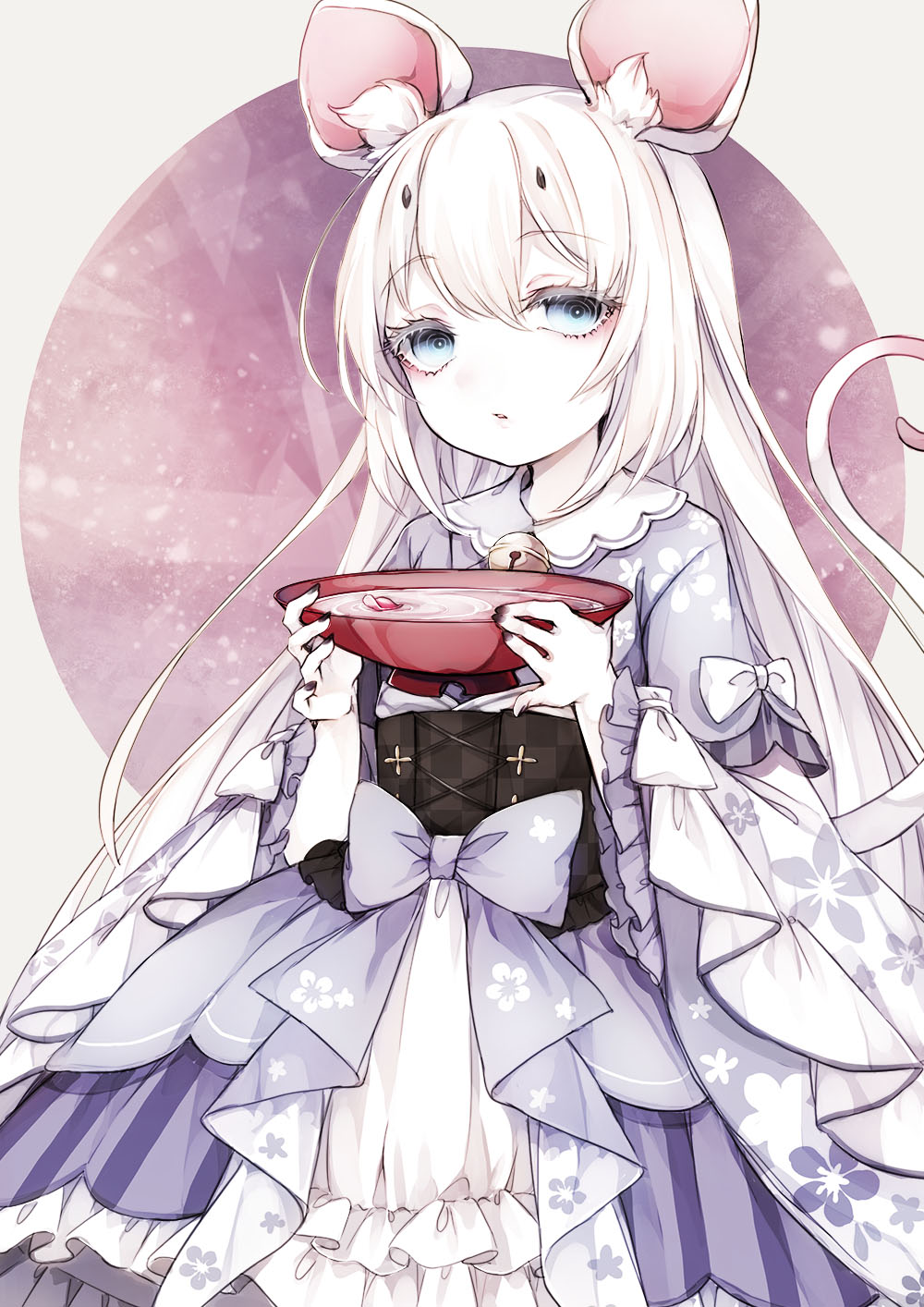 1girl, animal_ears, bell, blue_eyes, commentary_request, cowboy_shot, cup, dress