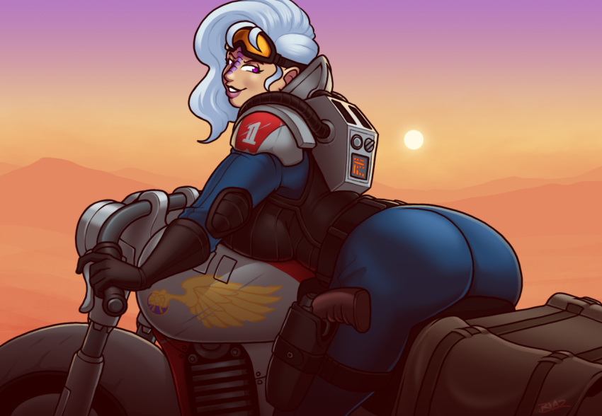 1girl, armor, ass, back, backboob, backpack, bag, blaz_b._aros