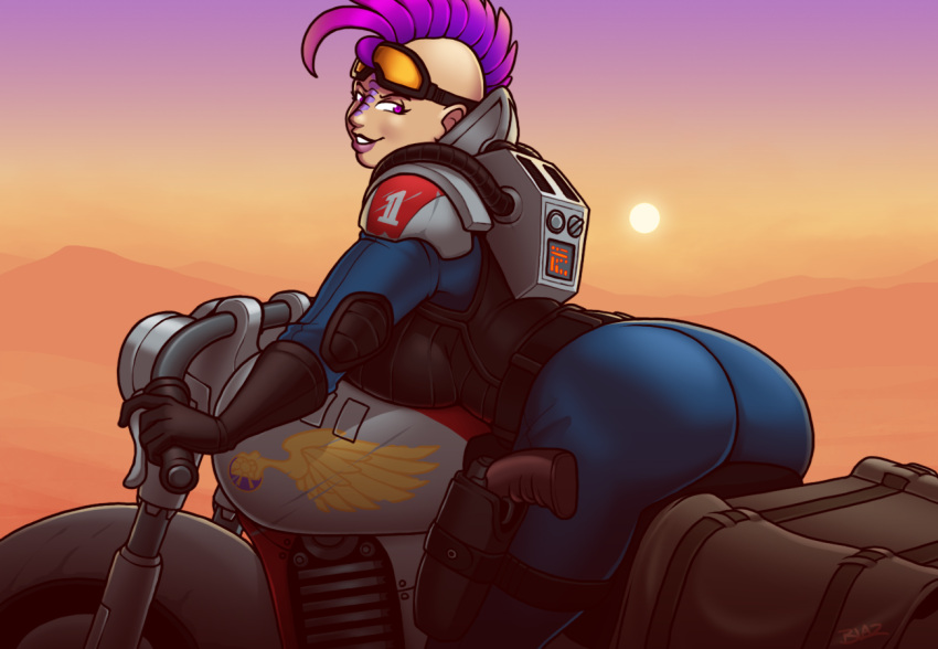 1girl, armor, ass, back, backboob, backpack, bag, blaz_b._aros, blazbaros, bodysuit, breast_press, breasts, desert, elbow_pads, fair_skin, forehead_ridges, genestealer, goggles, goggles_on_head, gradient_hair, ground_vehicle, gun, handgun, high_collar, holstered_weapon, huge_ass, huge_breasts, imperium_of_man, mohawk, motor_vehicle, motorcycle, multicolored_hair, pistol, purple_hair, purple_lips, seductive_smile, sideboob, smile, thick_thighs, thighs, violet_eyes, warhammer_40k, weapon, wide_hips
