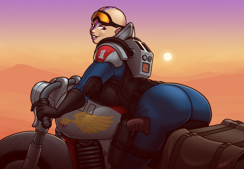1girl, armor, ass, back, backboob, backpack, bag, bald