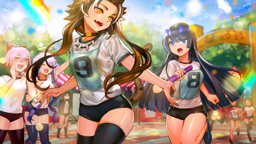 >_<, 6+girls, :d, absurdres, arm_up, bangs, black_buruma, black_hair